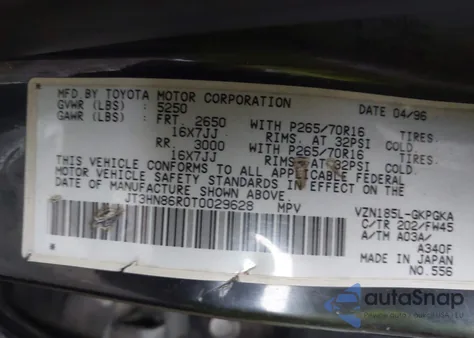 1996 Toyota 4Runner Sr5 z USA, uszkodzony, nr VIN JT3HN86R0T0029628